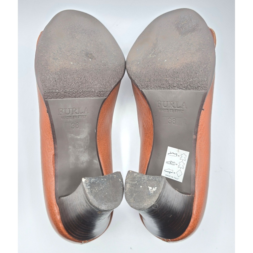 Vintage Furla Brown Leather Pumps Y2K Corporate Chic Buckle Block Heel 38 US 8 - Picture 9 of 14